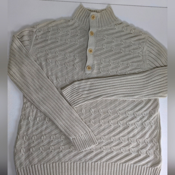 Perry Ellis Men Sweater Silk Blend Cable Knit Toggle Mock Neck Henley Sz L Beige - Picture 1 of 14
